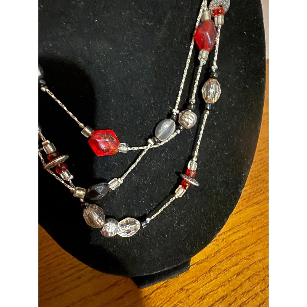 Multi Strand Beaded Layered Necklace Red Black Silver Tone Statement Jewelry